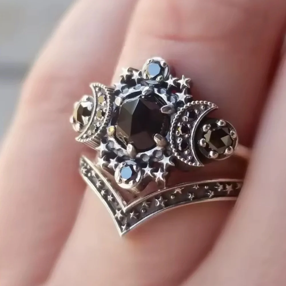 Vuntage Gothic Celestial  Universe Moon Ring Set